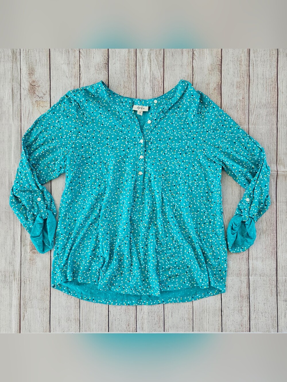 Style & Co. Teal Dot Button-Front Henley Blouse